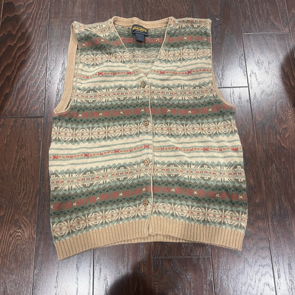 Woolrich Women Size Medium Faire Isle Cotton Sweater Vest Tan Preppy 90s Y2K